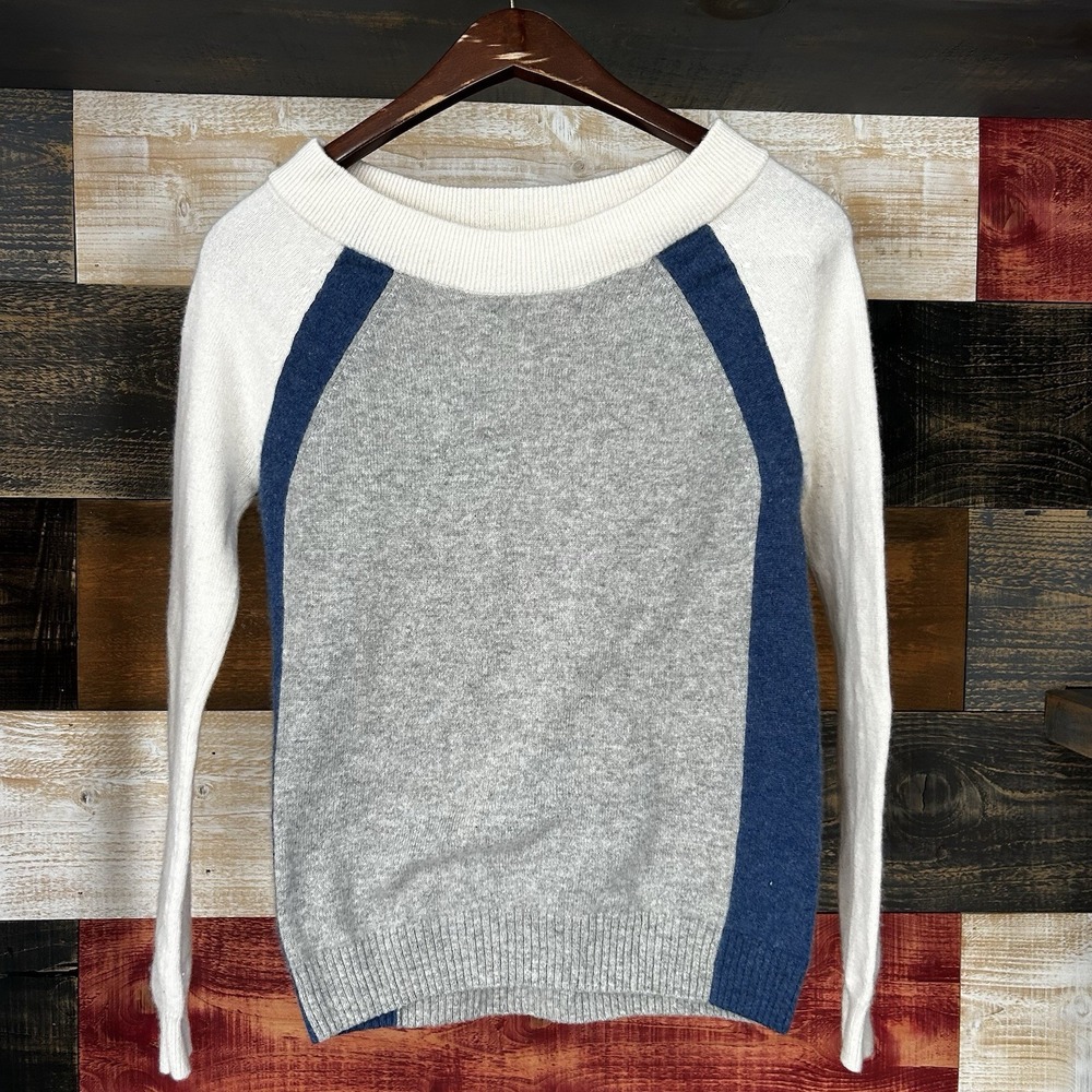 White & Warren Cashmere Striped Crewneck Knit Sweater-Size XS-Grey/Navy$465